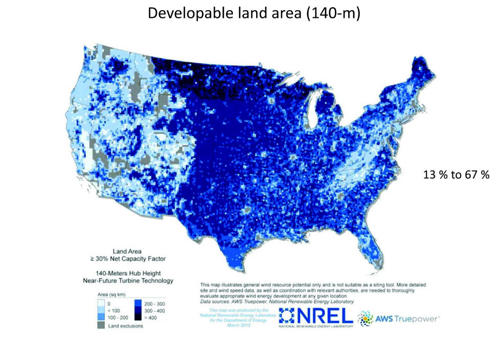 Map showing developable land when wind turbine towers are 140 meters high.
