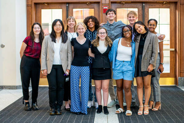 Local high school students from the Harper Cancer Research Institute’s Research Cures Cancer Corps (RC3) program pose for a group photo in the Jordan Hall of Science at the University of Notre Dame during the Research Cures Cancer Corps Symposium in 2022.
