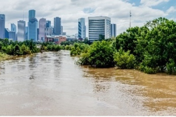 Image Of The Skyline Of Houston Texas With Flooded Buffalo Bayou In The Foreground