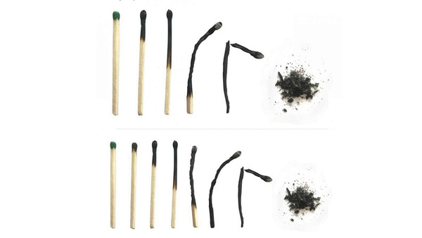 Top photo: Set of six burnt matches at different stages, isolated on white stock illustration.
Bottom photo: Set of six burnt matches at different stages, isolated on white stock illustration.