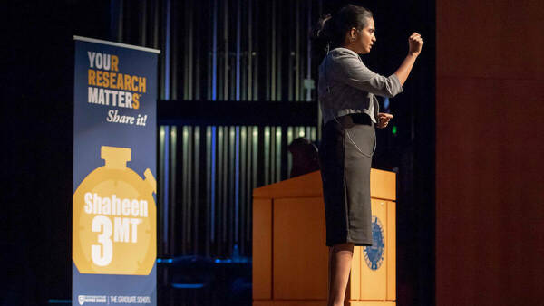 Previous winner Monica Arul Jayachandran competes in the 2020 Three Minute Thesis competition. Photo by Matt Cashore/University of Notre Dame.