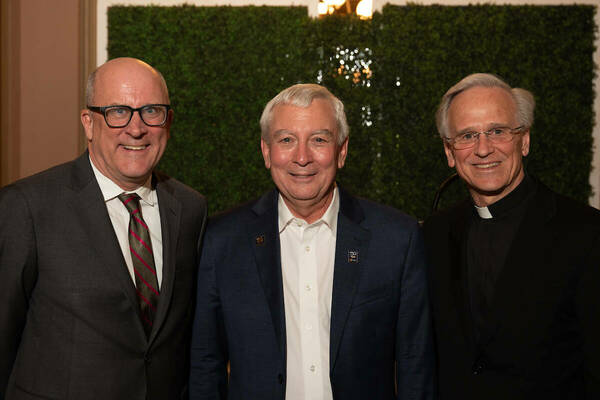 From left to right: Provost John McGreevy, Notre Dame Vice President for Research Robert J. Bernhard, and Rev. John I. Jenkins, C.S.C., University of Notre Dame president at Provost’s Reception for Bernhard (Photos by Casey Patrick/University of Notre Dame).