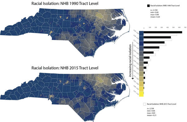 Maps compare racial isolation (RI) of non-Hispanic Blacks (NHB) in North Carolina in 1990 versus 2015. Blue indicates low RI; yellow indicates high RI.