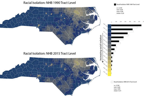 Maps compare racial isolation (RI) of non-Hispanic Blacks (NHB) in North Carolina in 1990 versus 2015. Blue indicates low RI; yellow indicates high RI.