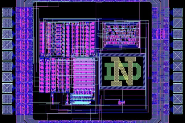 A chip layout featuring the Notre Dame monogram drawn from Morrison's Digital Integrated Circuits course