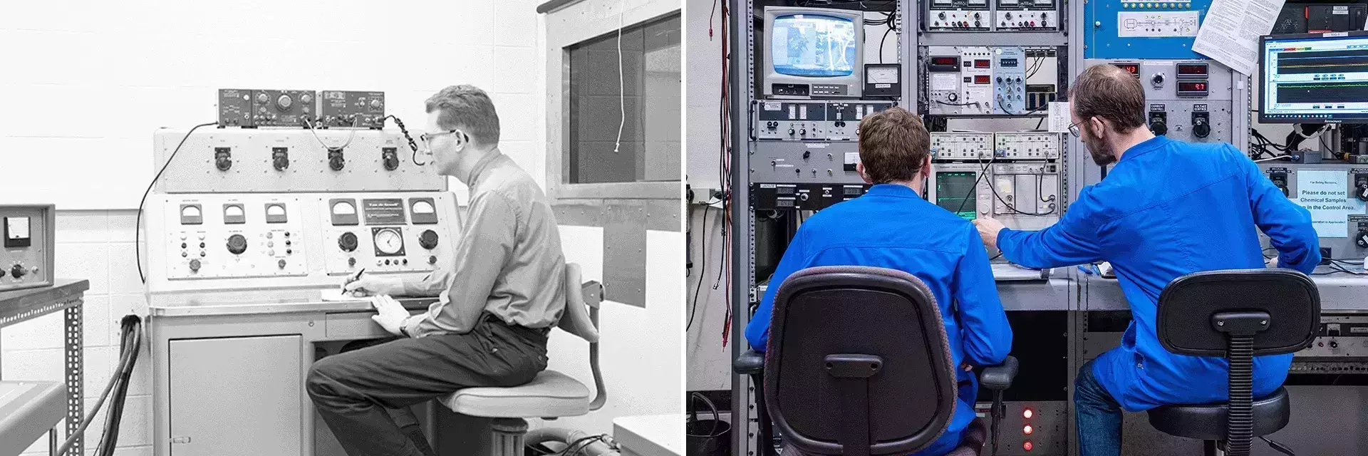 Two photos are displayed of the same room in different time periods. They each feature a scientist sitting in front of a control panel.