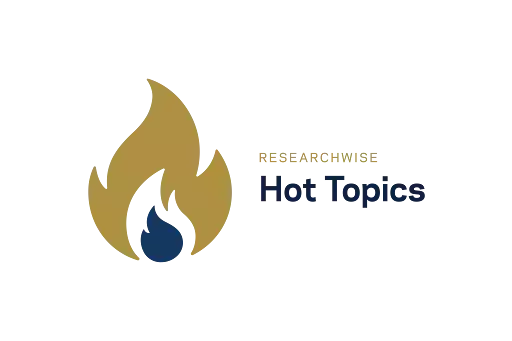 Stylized gold flame with a blue center. To its right, the word RESEARCH appears in gold above Hot Topics in blue.