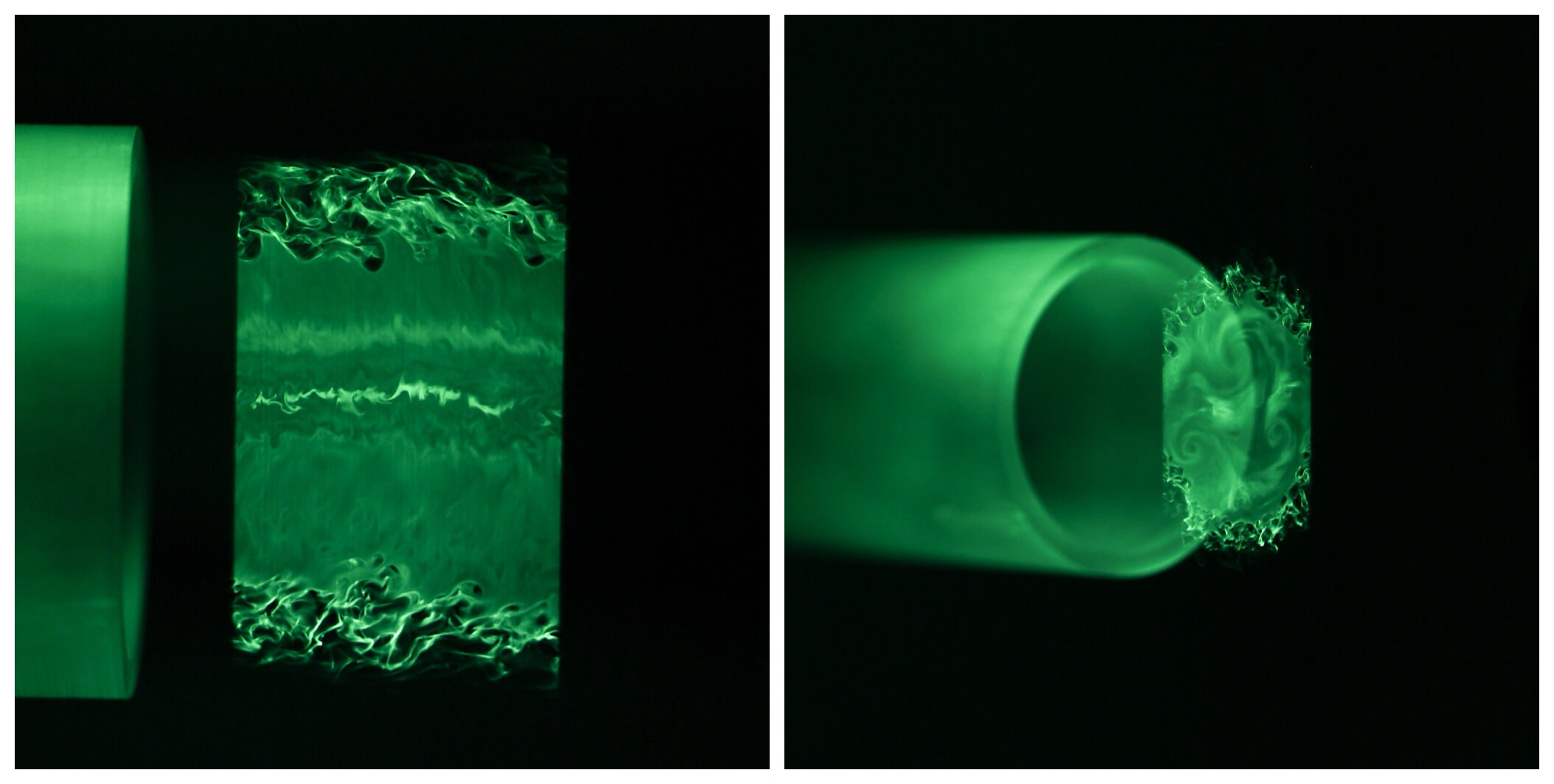 Two panels display glowing green turbulent fluid against a black background. Left shows chaotic flow next to a green pipe. Right reveals swirling vortices from a pipe opening.