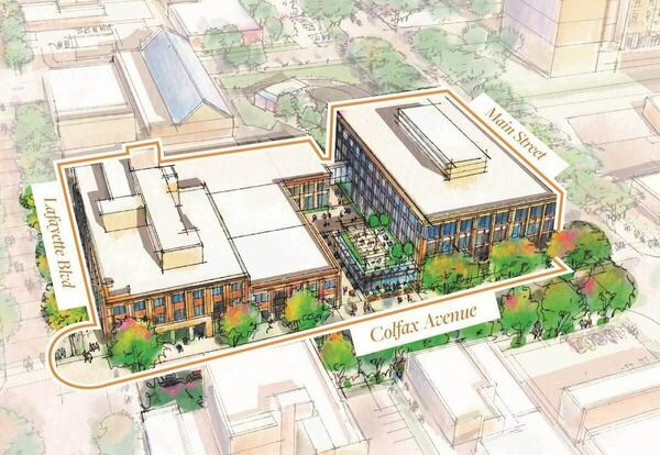 Architectural rendering of two brown-facade buildings connected by a central courtyard with seating and trees. An orange outline highlights the complex bordered by Lafayette Blvd, Main Street, and Colfax Avenue.