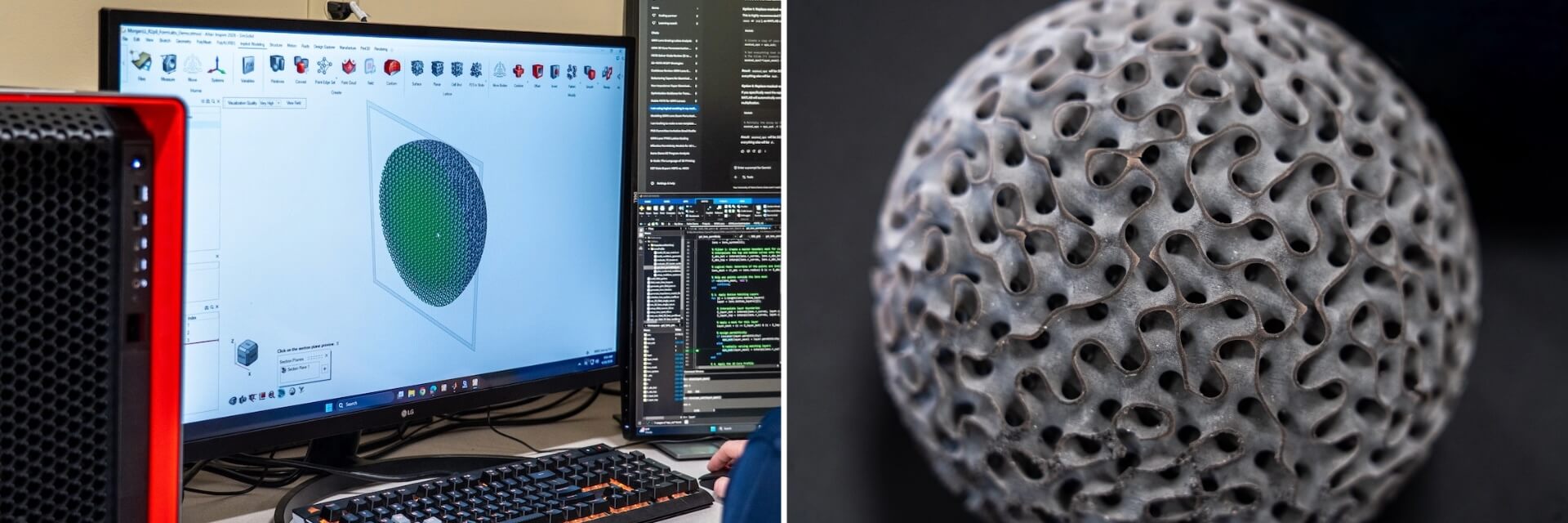 A person works on a 3D lattice design in CAD software on a computer, next to a detailed gray 3D printed sphere.